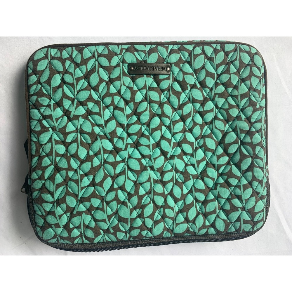 Vera Bradley Quilted Laptop Sleeve Teal Brown Leaf Print Padded Tech Case #921